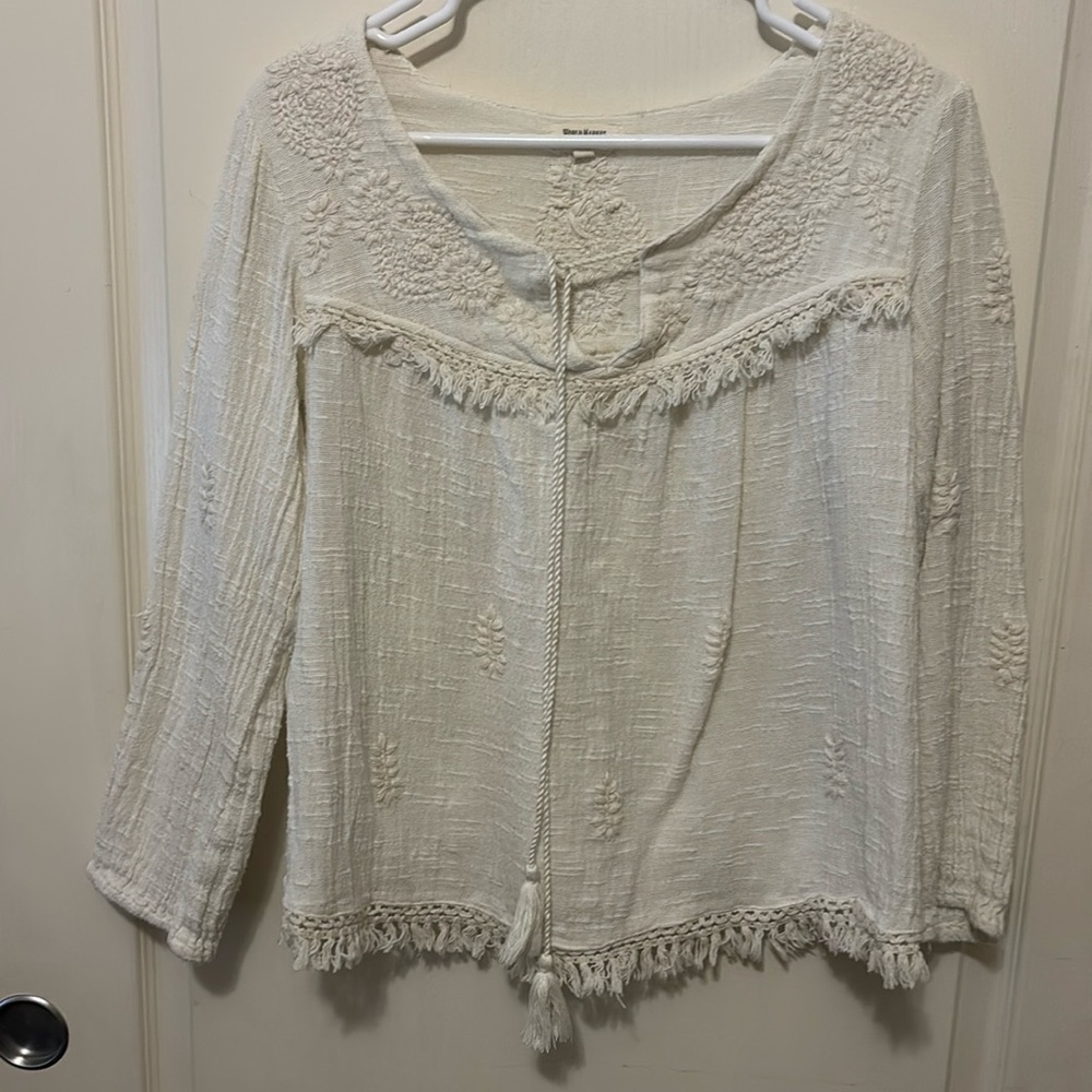 World Market Cream Embroidered Peasant Top Sz L/XL Tassel Tie Fringed Gauzy
